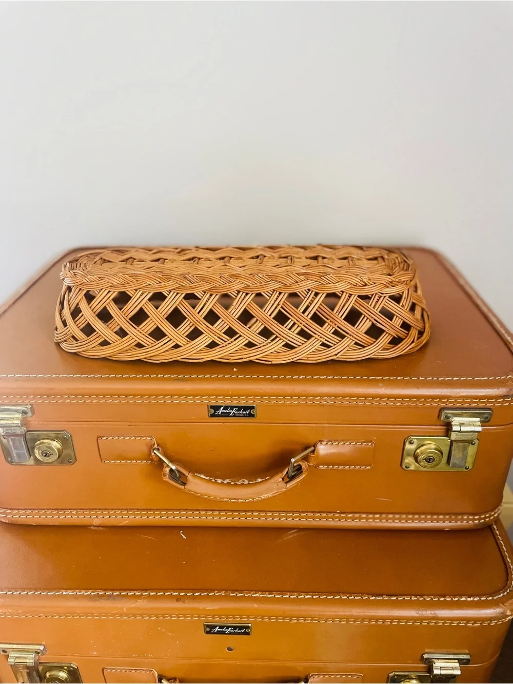 Woven Rattan Oblong Basket Natural Brown Open Weave Diagonals Scalloped Edges